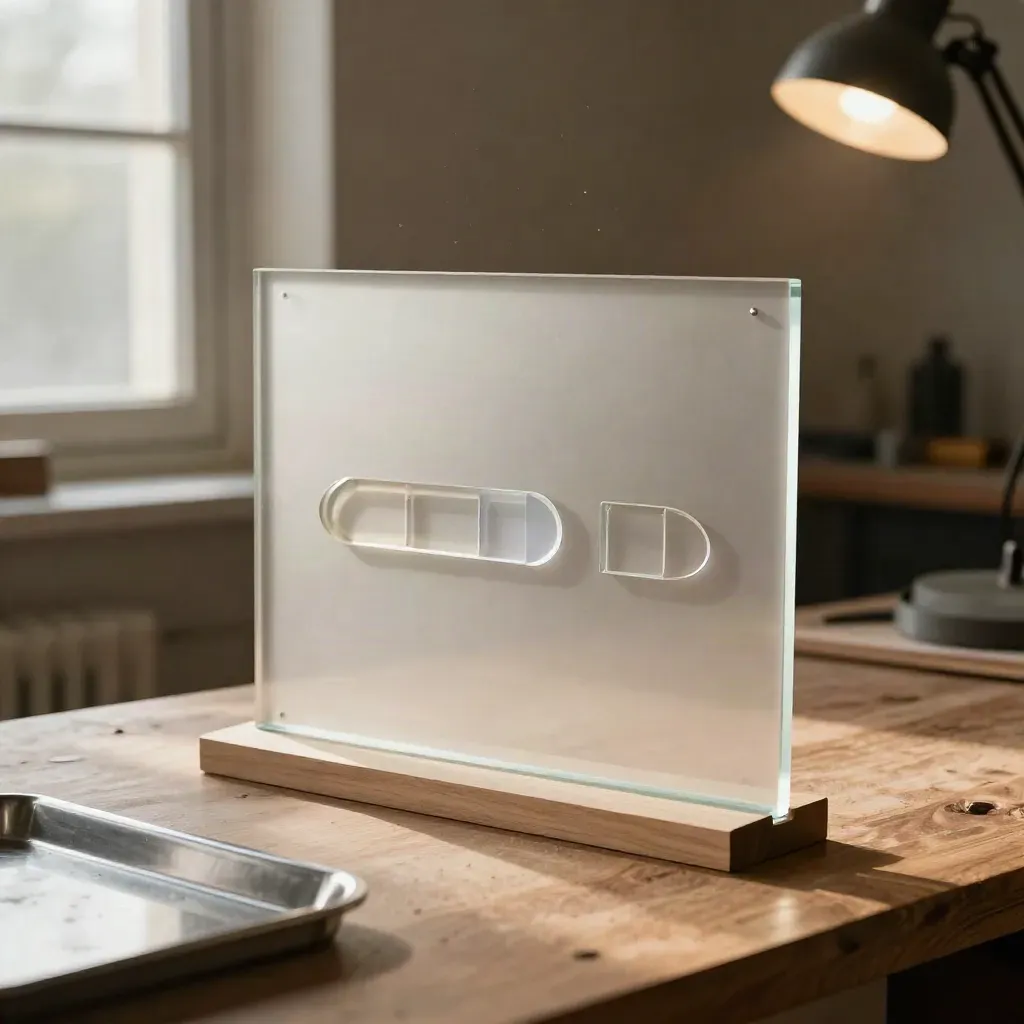 Pannello in plexiglass tagliato con bordi lucidi e sagome prova su banco artigianale