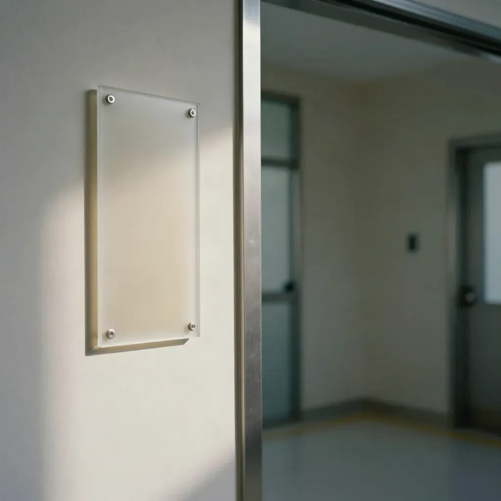 Insegna in plexiglass satinato per studio medico in corridoio luminoso, pulita e minimale.