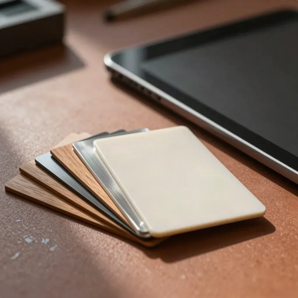 Campioni di legno, plexiglass e metallo con tablet chiuso su banco caldo, luce morbida laterale.