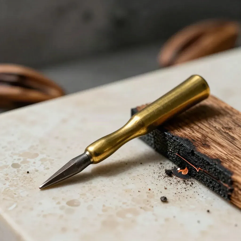 Bit d’ottone consumato accanto a legno carbonizzato e bordo acrilico bruciato su travertino.