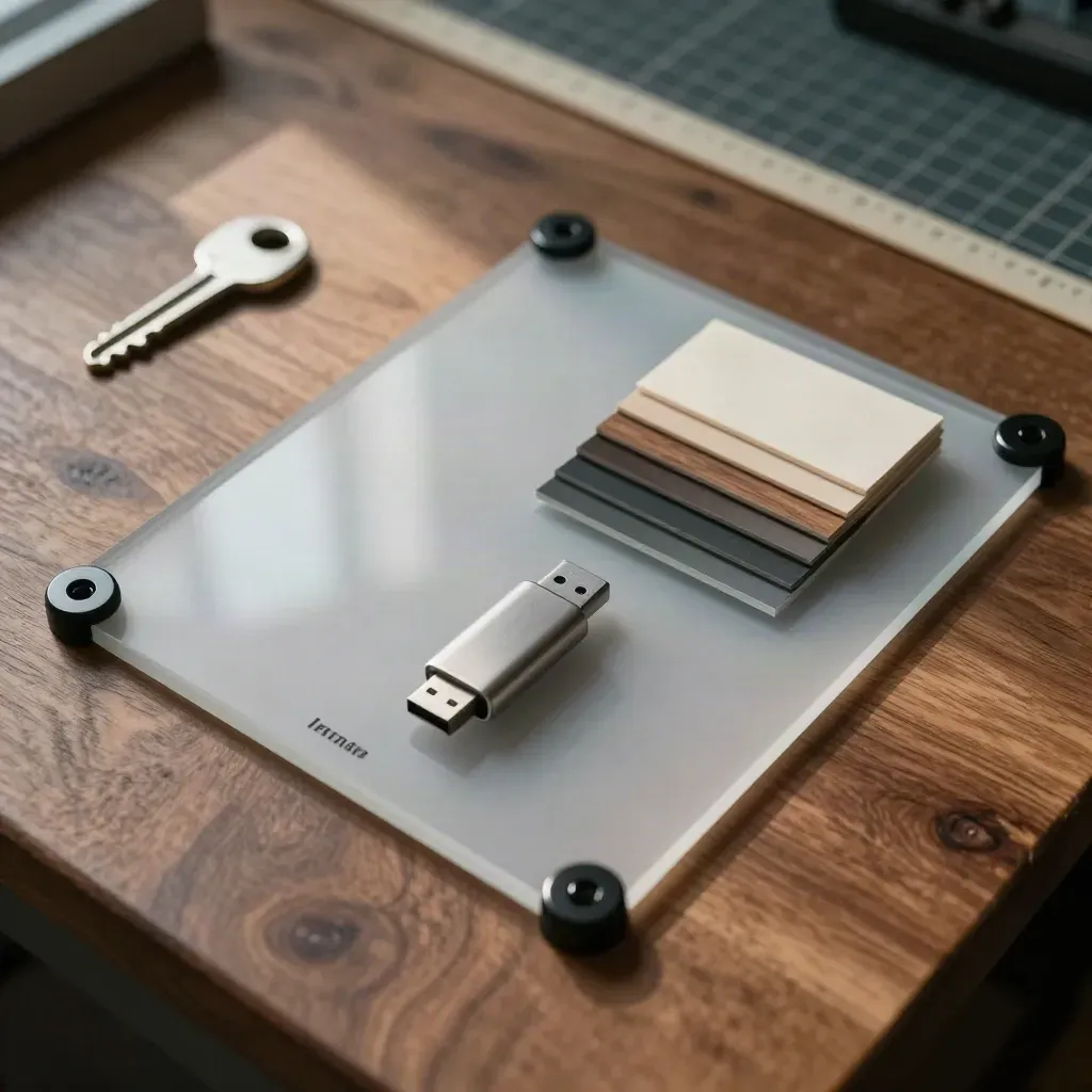 Template acrilico, tab magnetici, swatch e chiavetta USB su banco di noce.