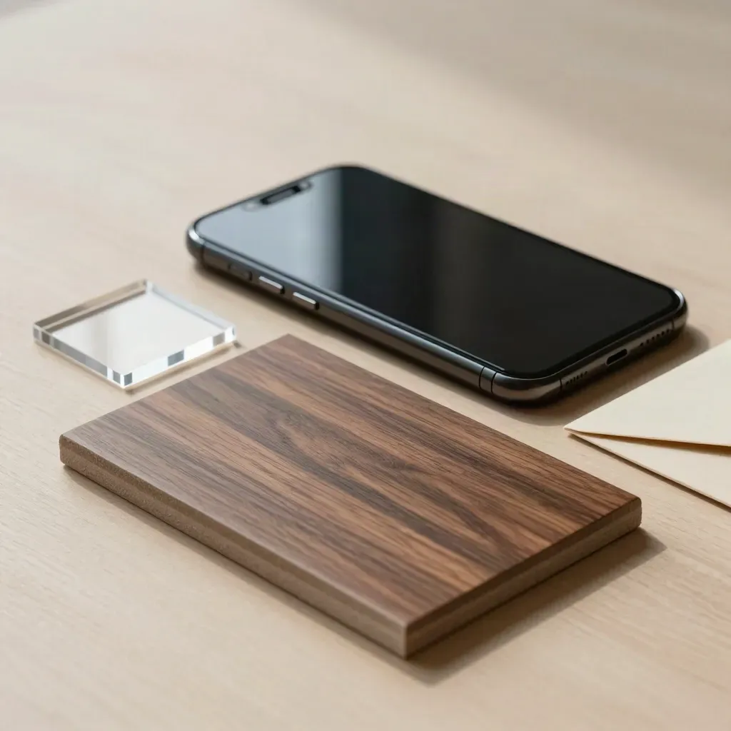 Smartphone, campione in noce, swatch acrilico e busta kraft su legno chiaro