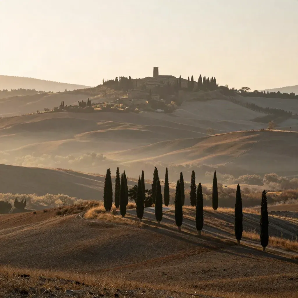 Colline toscane al tramonto con cipressi, luce dorata e borgo lontano in alto